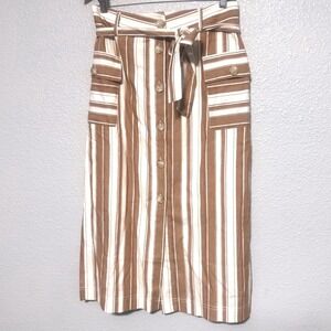 NWT Hem & Thread Striped Linen Midi Brown Skirt Belted Cargo Pockets Medium